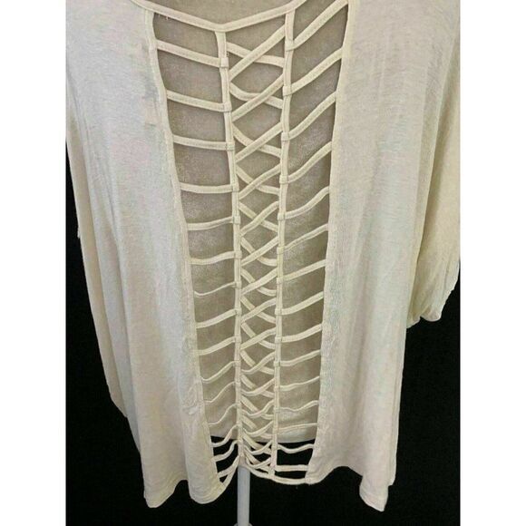 Ya Los Angeles Womens Solid Ivory Cream Beige Short Sleeve Top Lace Up Small - Picture 5 of 7